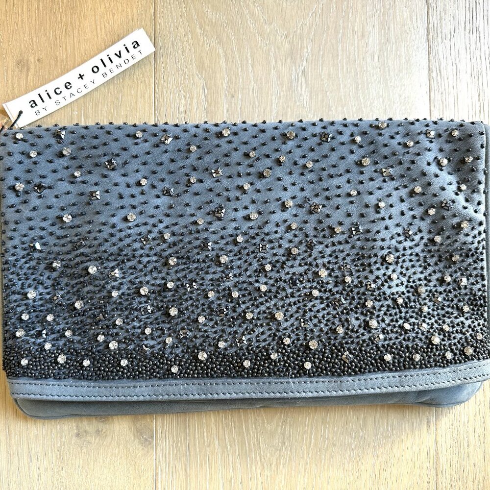 NEW Alice and Olivia embellished suede clutch bag